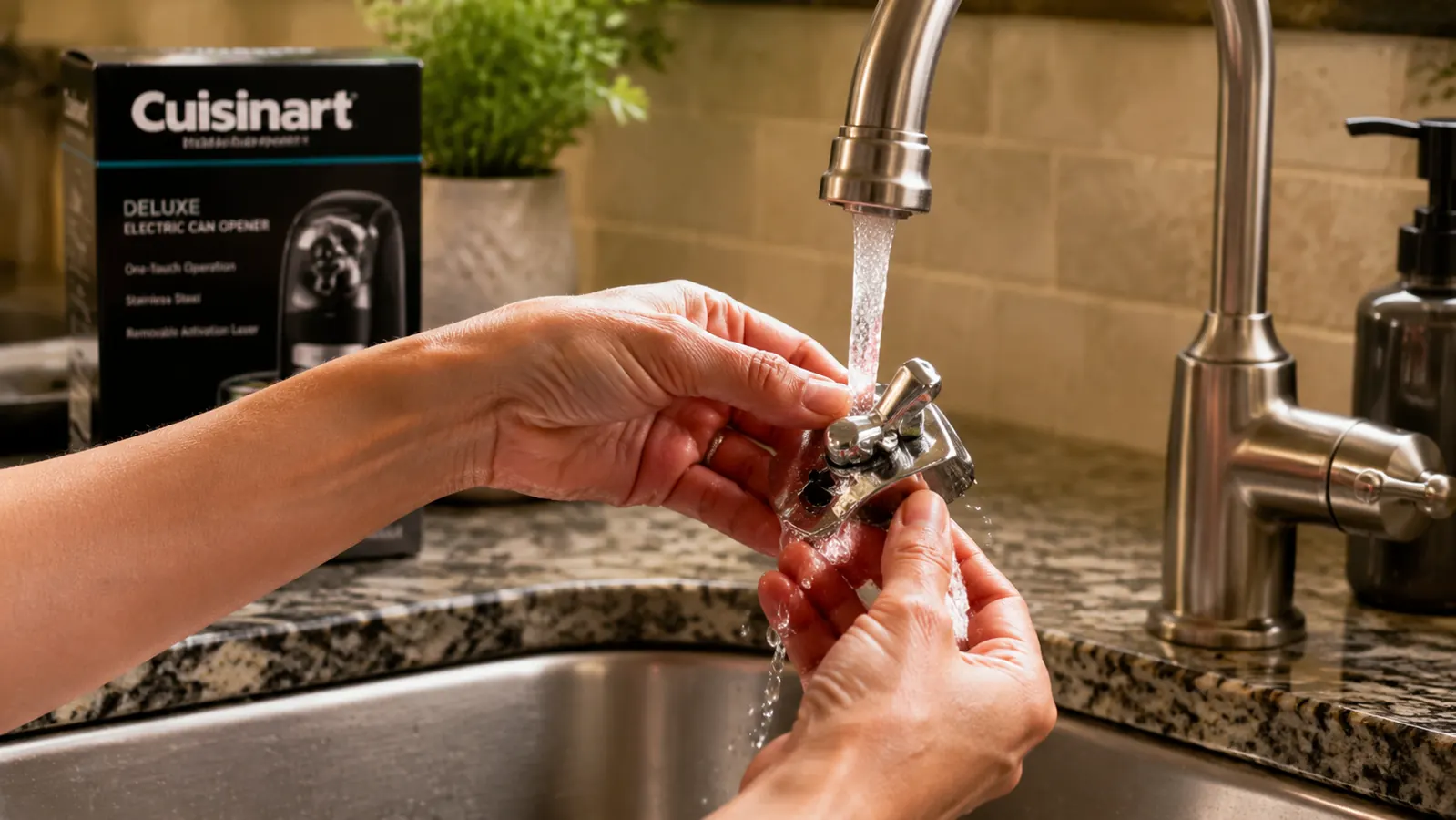 Electric can opener being rinsed under a kitchen faucet for easy cleanup