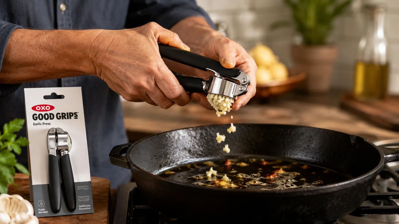 Fresh minced garlic coming through the press holes directly over a hot skillet on the stovetop