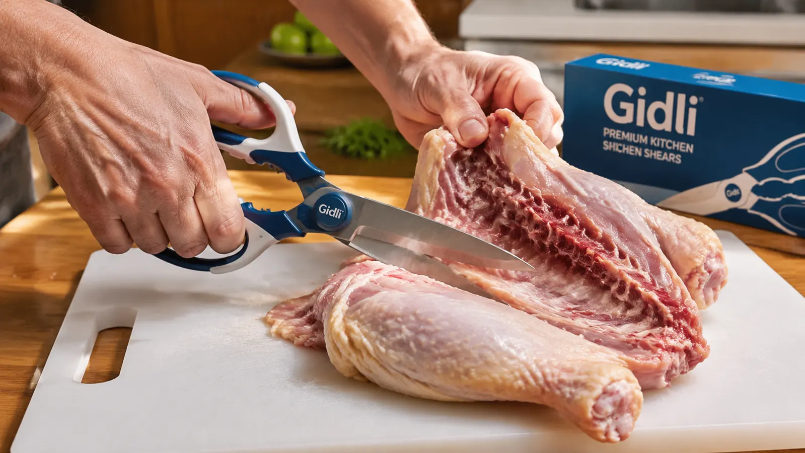 Kitchen shears separating a raw chicken backbone in a flat spatchcock cut