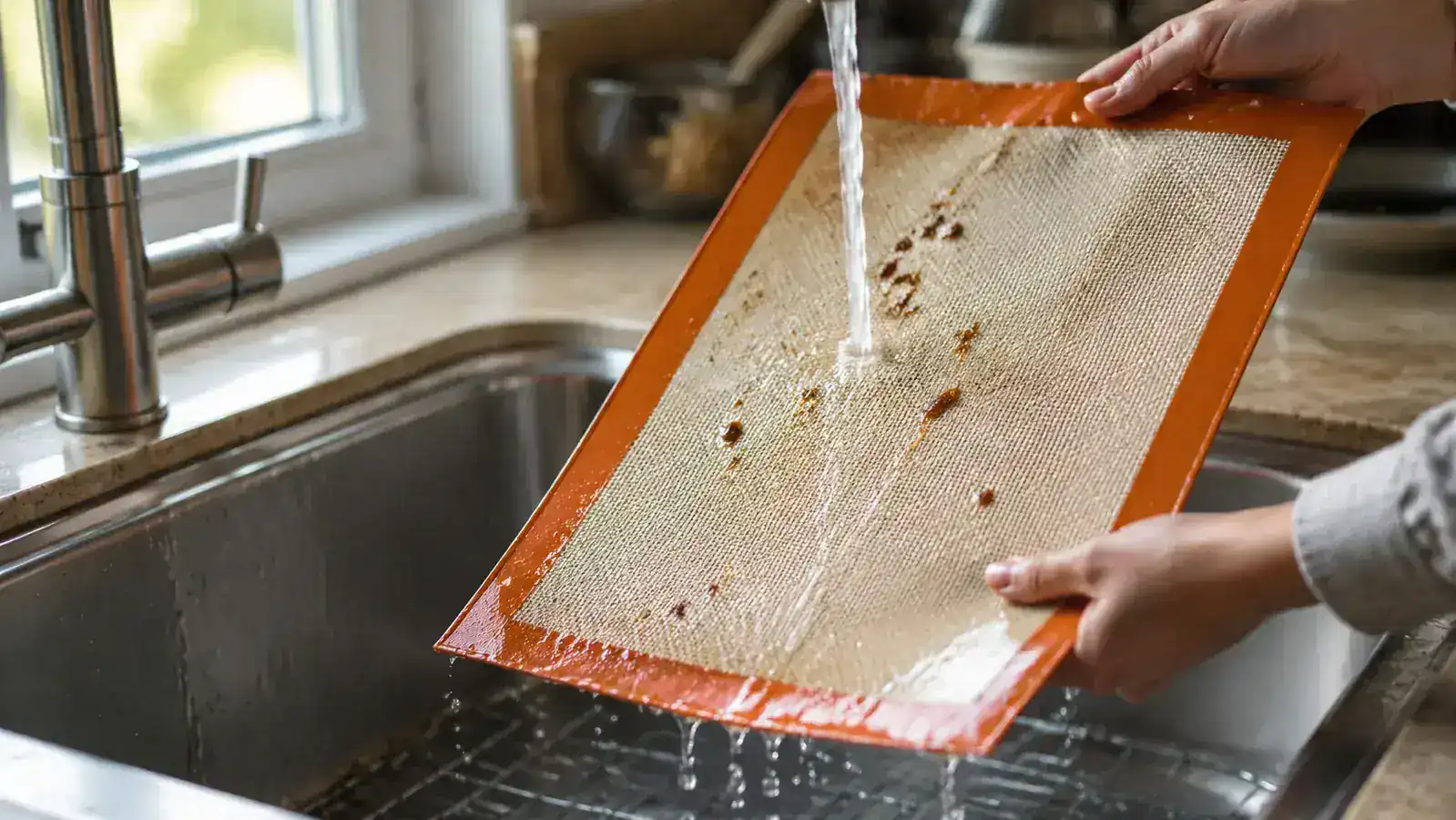 Silicone baking mat being rinsed under a kitchen faucet, showing how easily it cleans