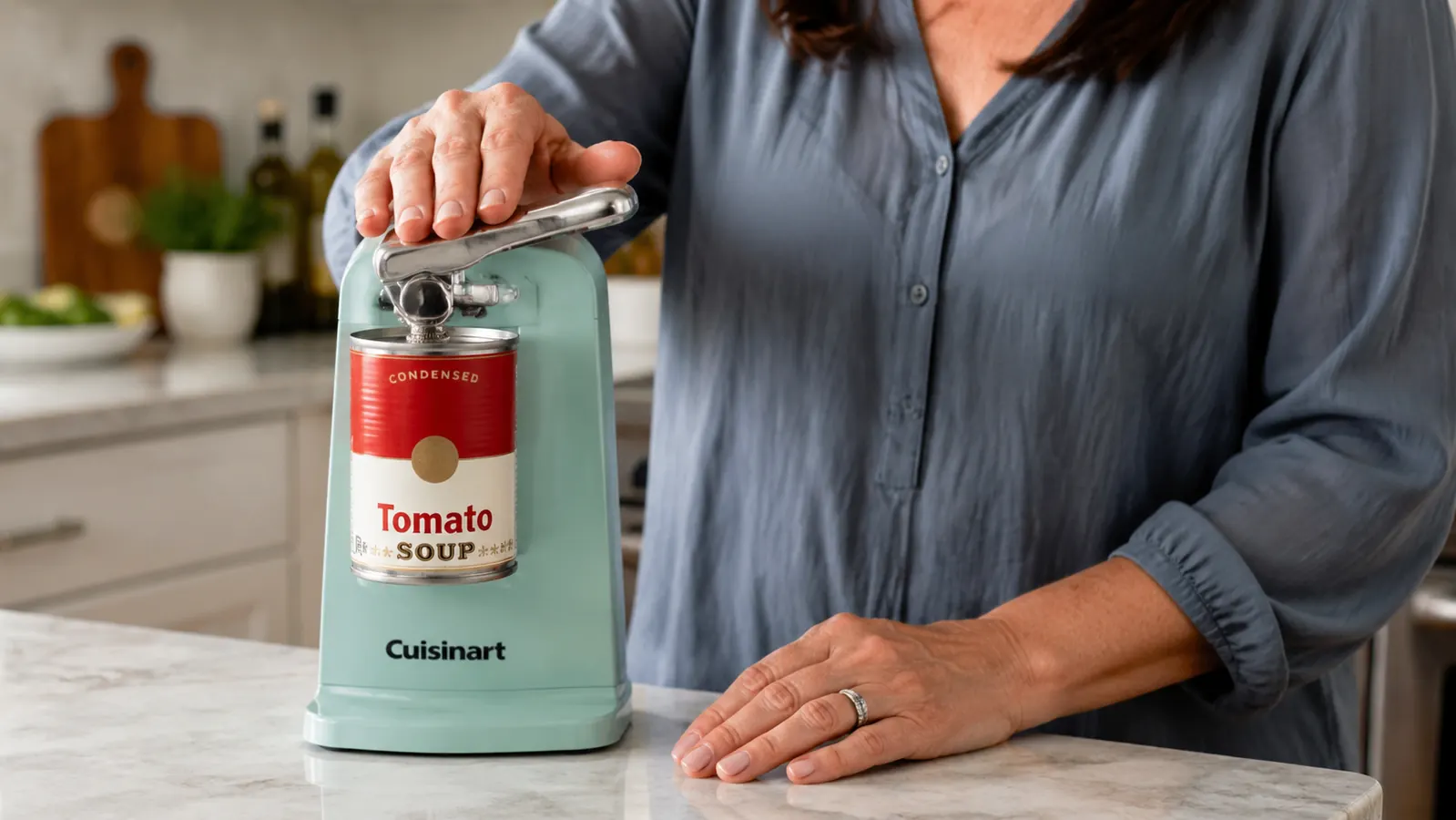 A hand pressing the lever on the Cuisinart electric can opener as it glides around the top of a can