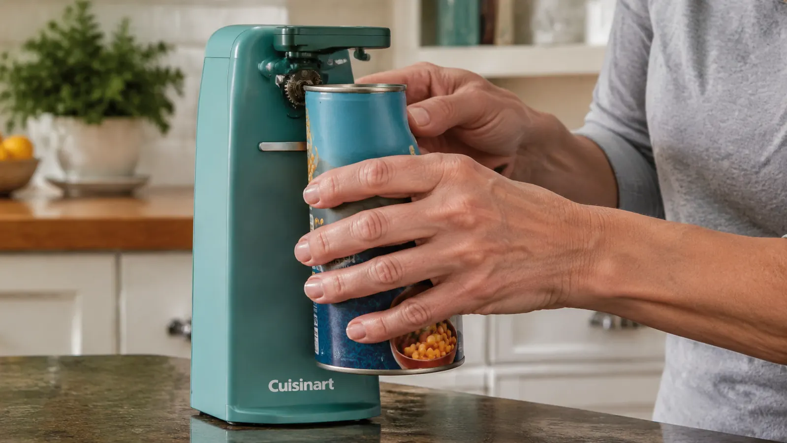 Hand placing a can of chicken broth under the Cuisinart electric can opener cutting wheel
