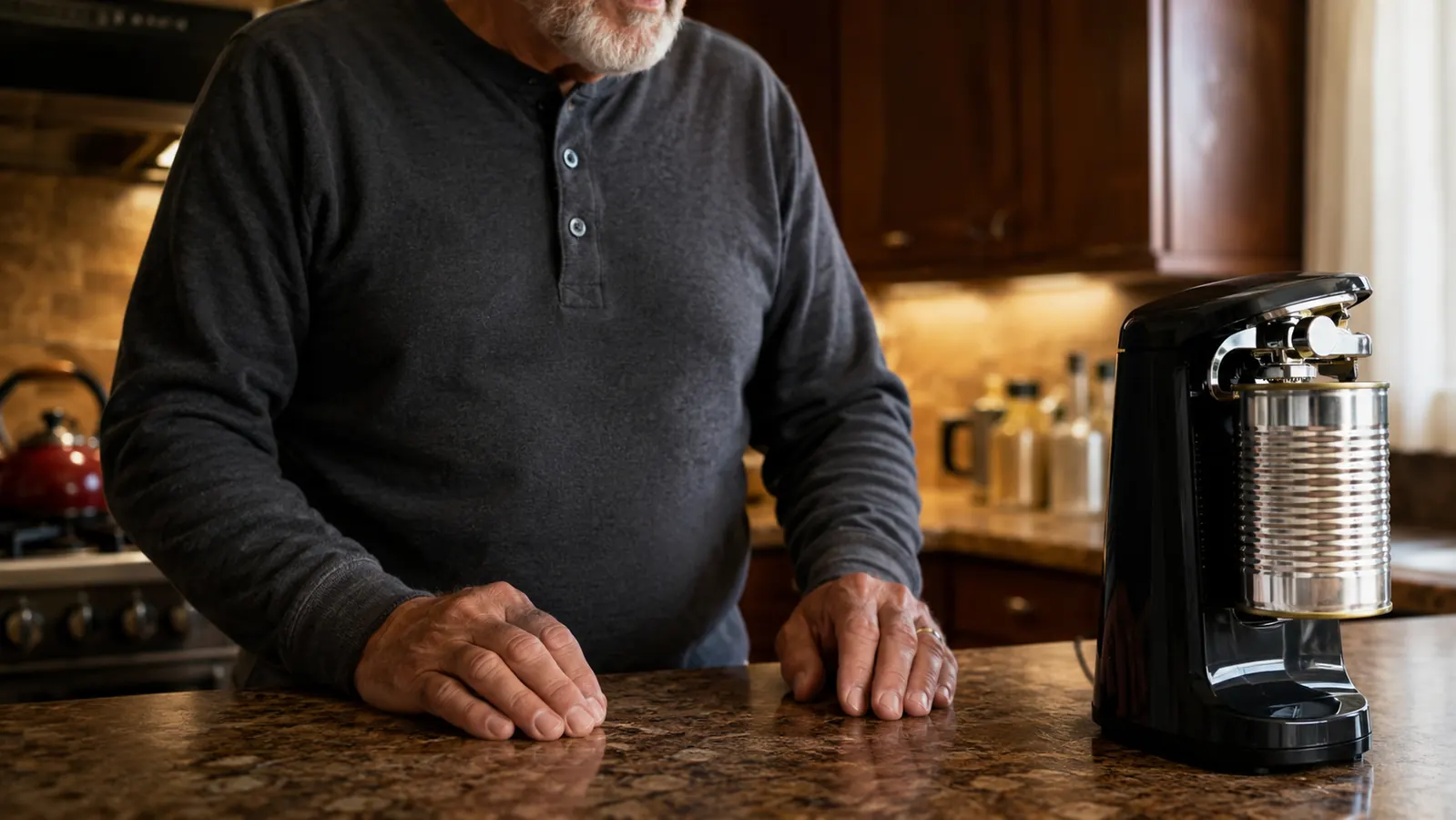 Person with arthritic hands resting comfortably while the electric opener runs a can automatically