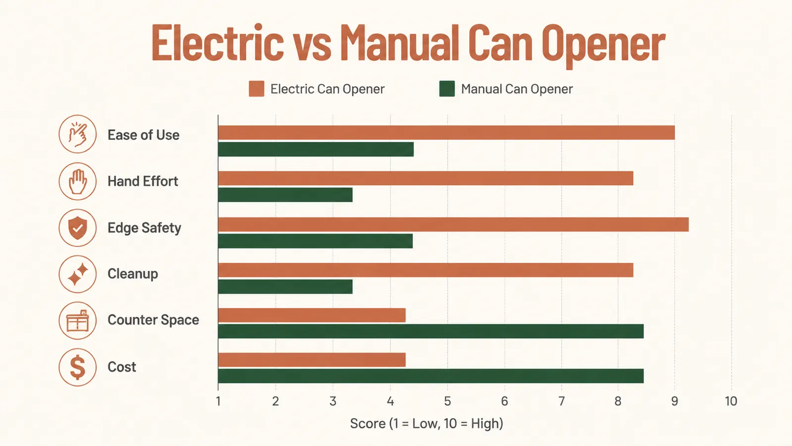 Comparison chart showing electric vs manual can opener scores across six categories