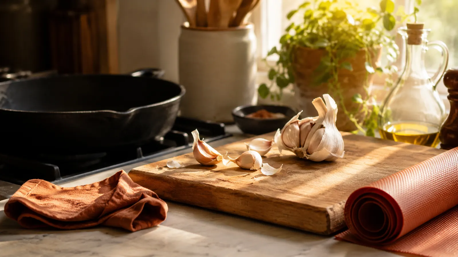 A bright home kitchen counter with fresh produce, a cutting board, and well-used kitchen gadgets in warm natural light