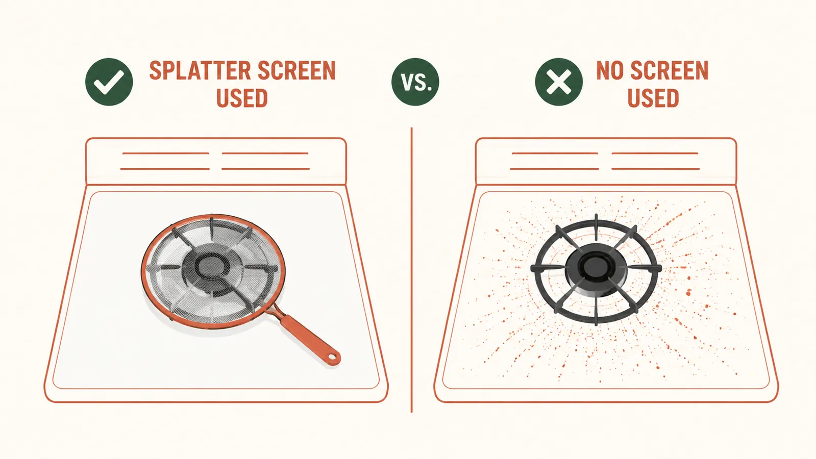 Side-by-side comparison of a clean stovetop after using a splatter screen versus a grease-splattered stovetop without one