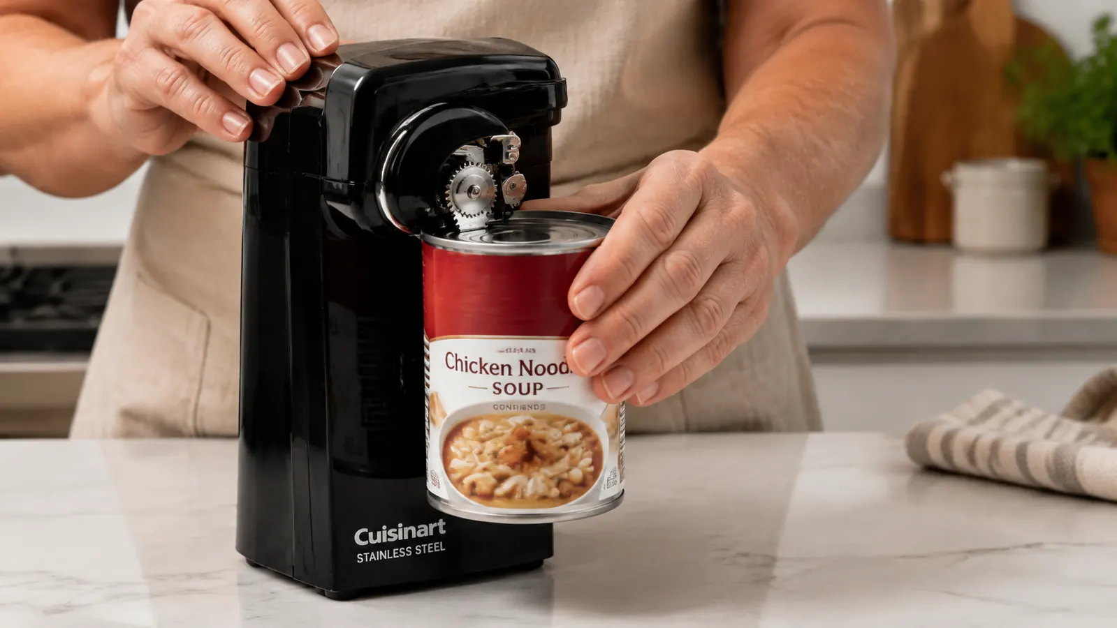 Close-up of the Cuisinart electric can opener gripping the rim of a can, motor about to engage