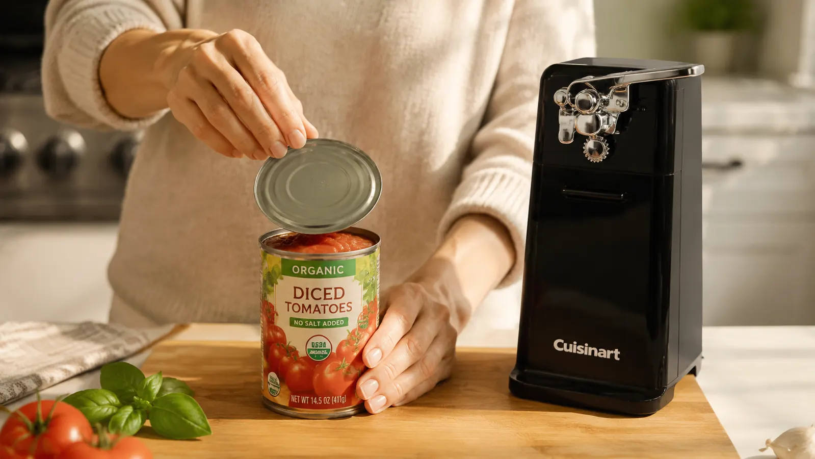 A hand lifting the detached lid cleanly off the top of an open can, no sharp edges visible
