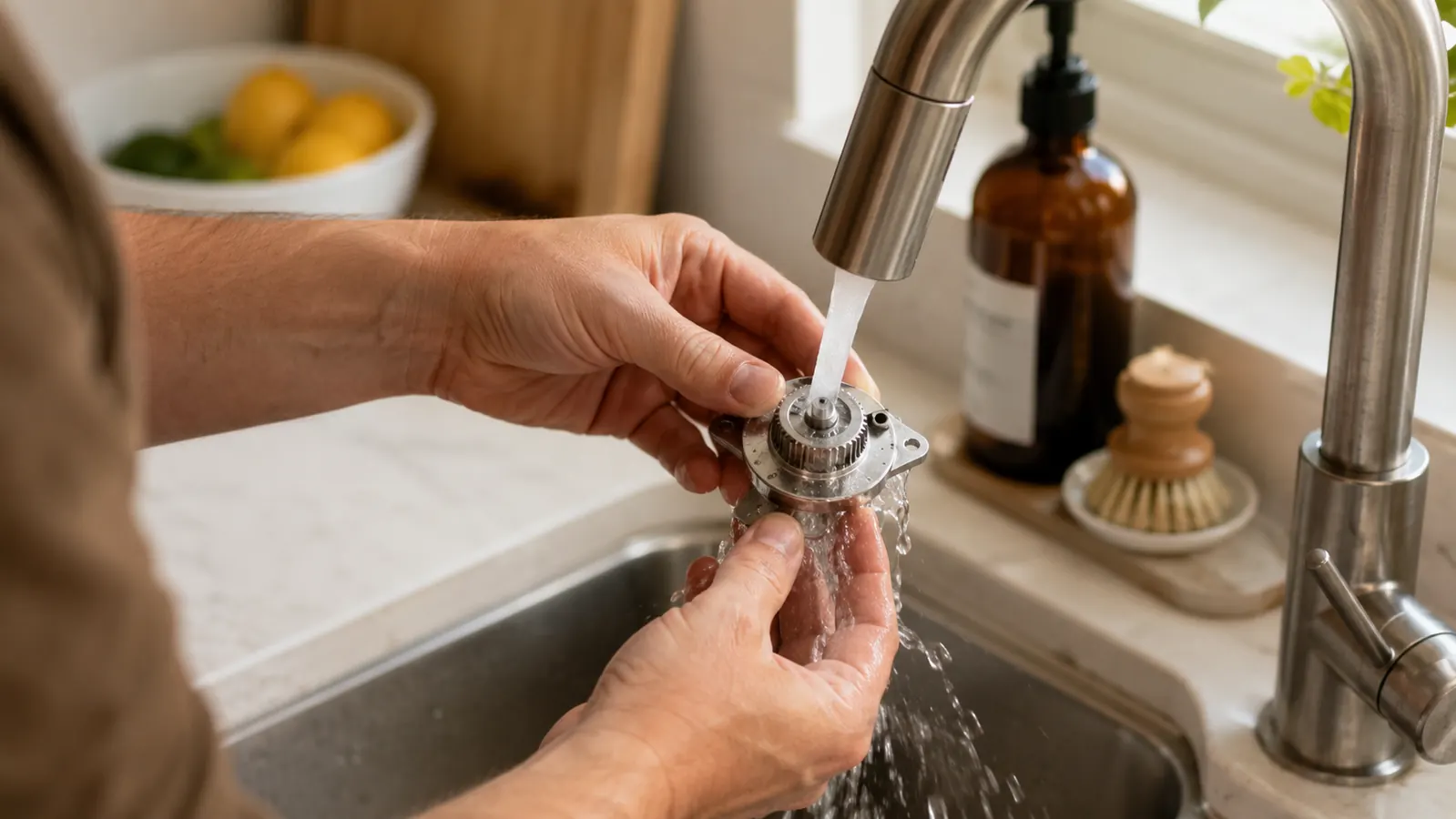 Electric can opener being rinsed under the kitchen sink faucet after use