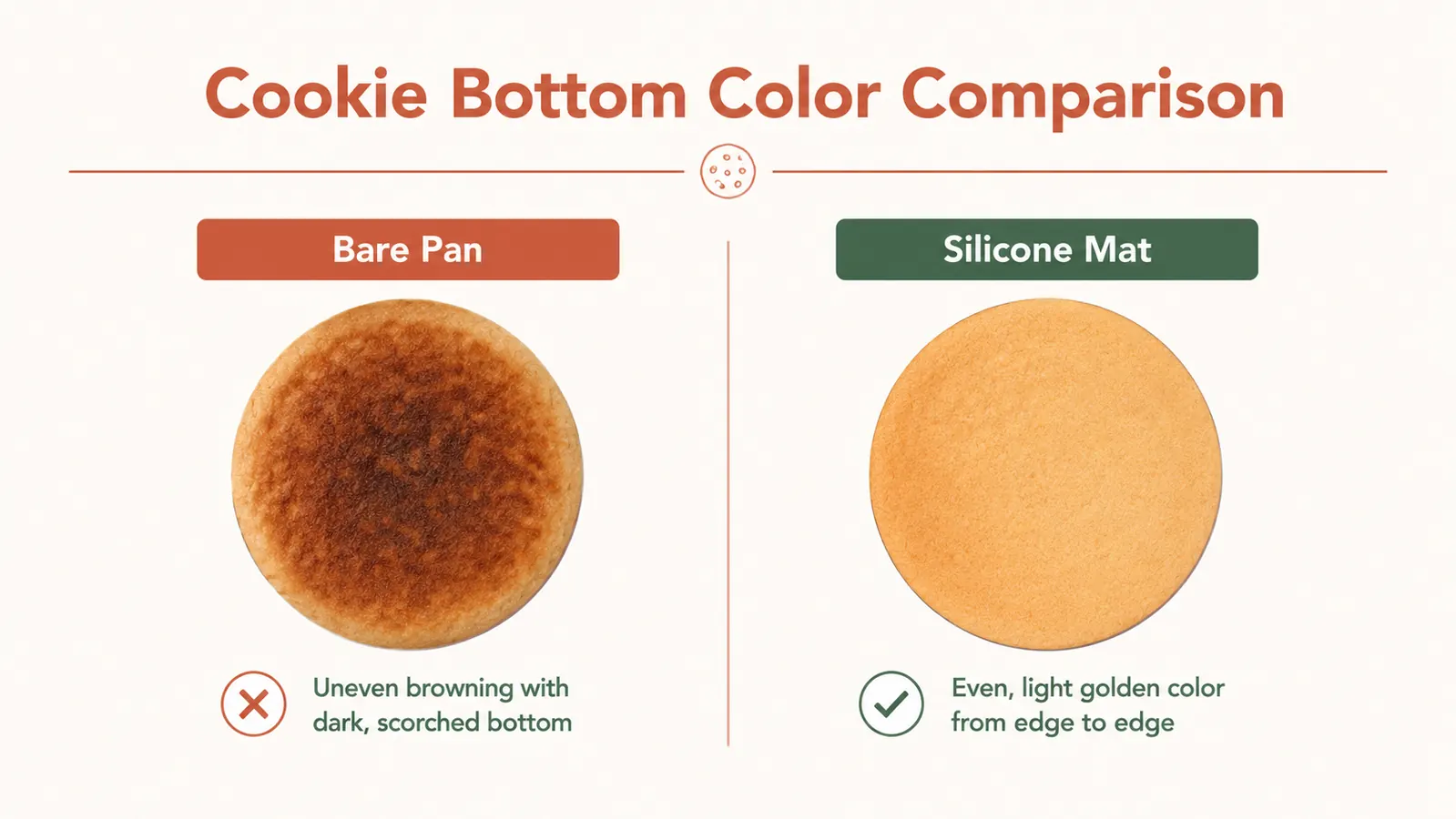 Side-by-side comparison chart showing cookie bottom color on bare pan versus silicone mat
