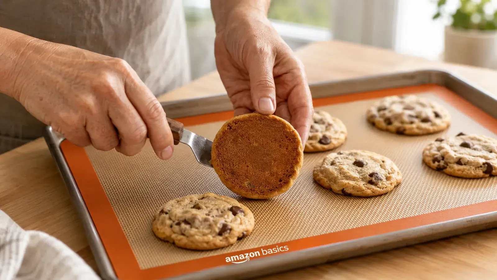 Hand lifting a baked cookie off a silicone mat showing a clean, evenly golden bottom