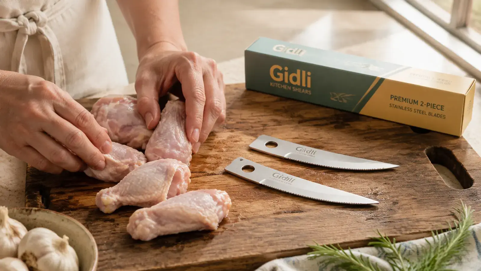 Gidli kitchen shears separated into two halves resting on a wooden cutting board next to a halved raw chicken