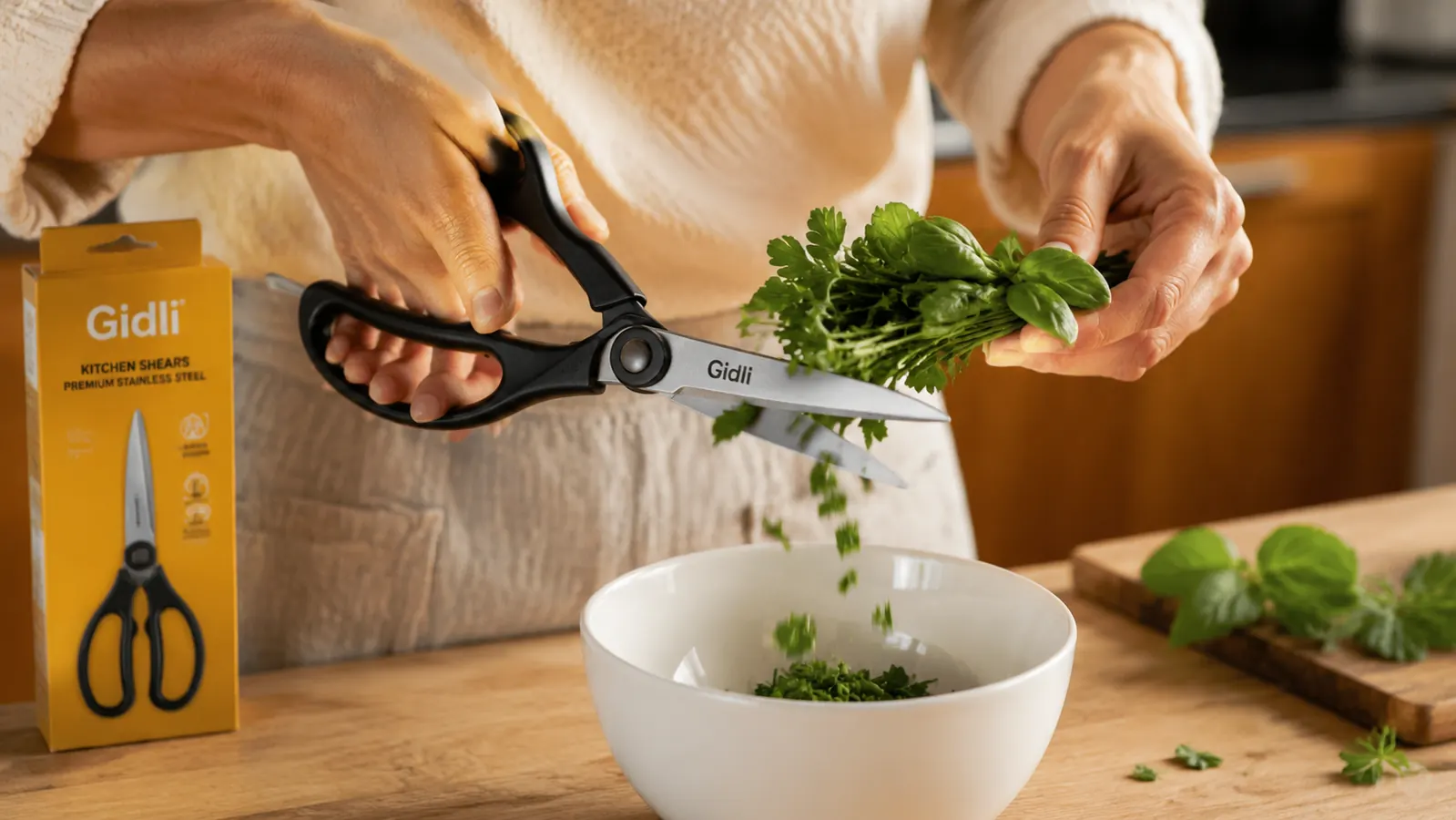 Hand using Gidli kitchen shears to snip fresh herbs directly over a bowl
