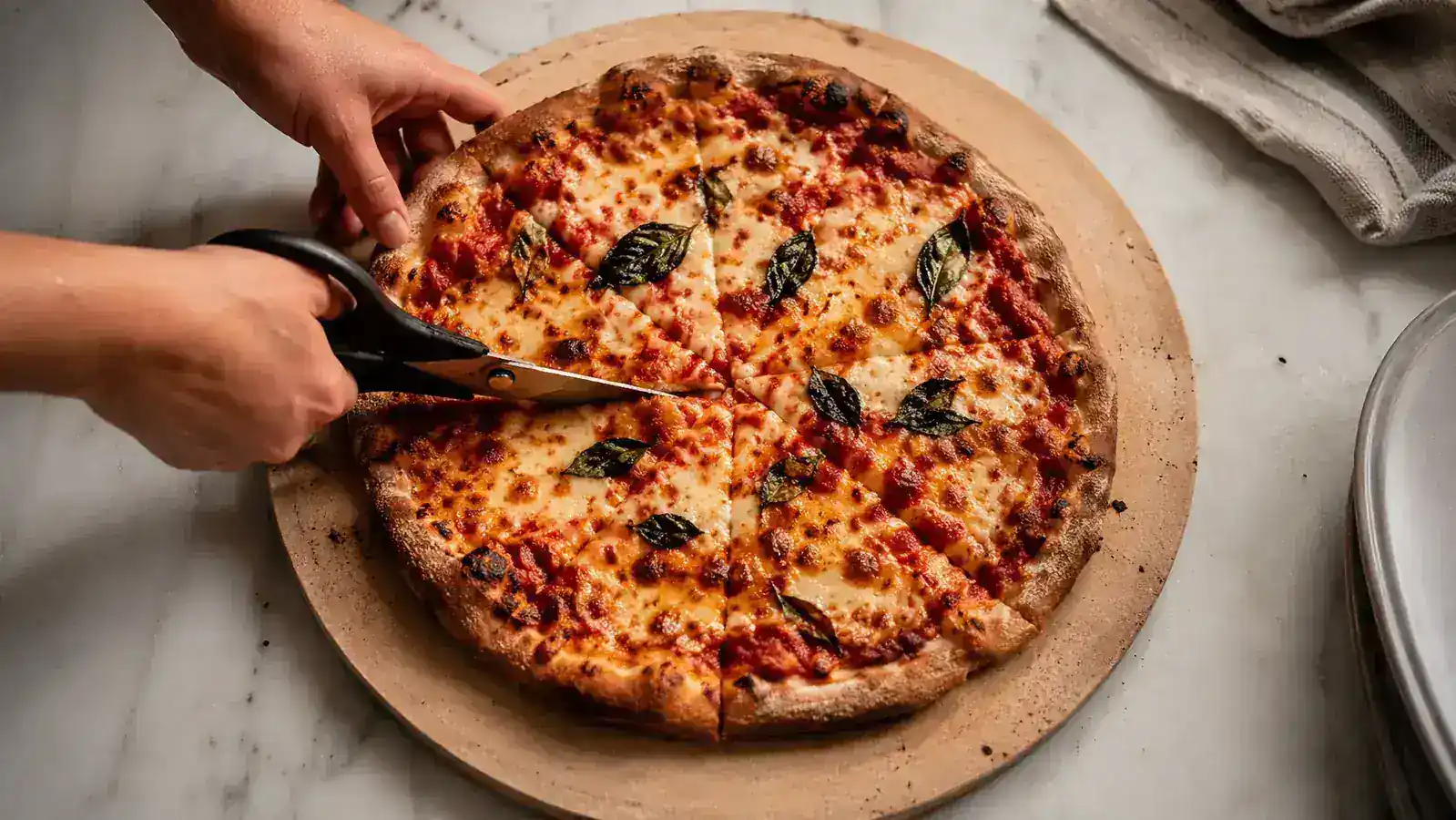 Person using kitchen shears to cut pizza slices directly on a round pizza stone