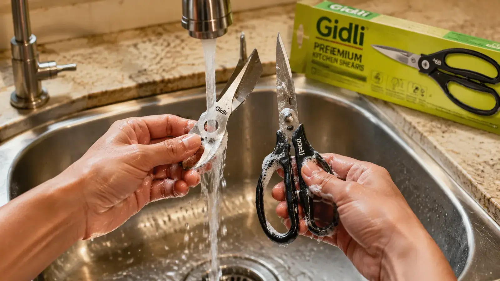 Kitchen shears being rinsed under running water at the kitchen sink