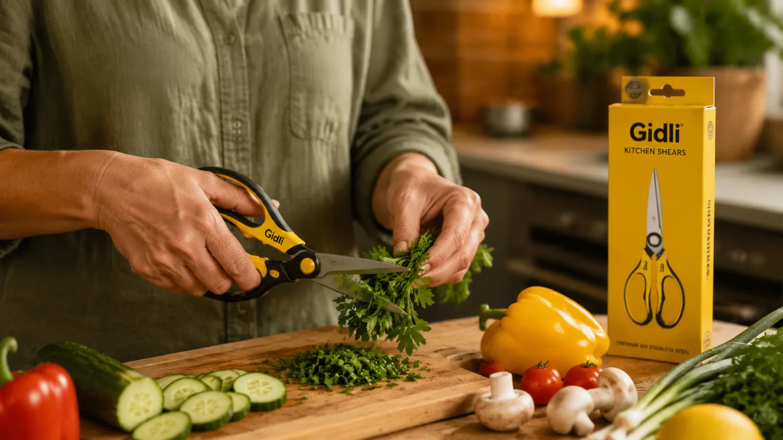 Side-by-side comparison chart showing kitchen shears winning six out of nine food prep tasks