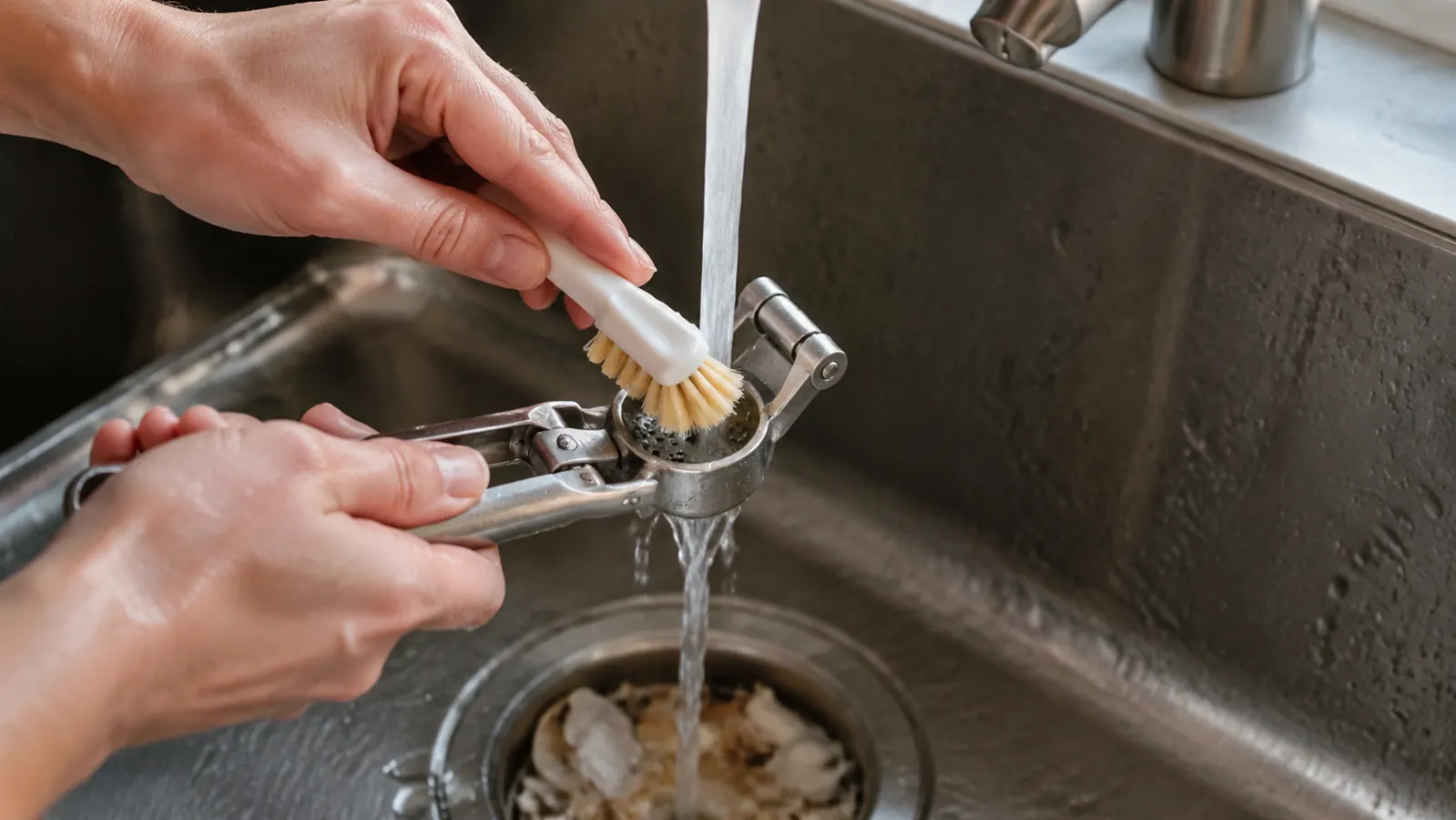 Small stiff-bristle brush cleaning garlic residue out of the garlic press hopper under running water at a kitchen sink