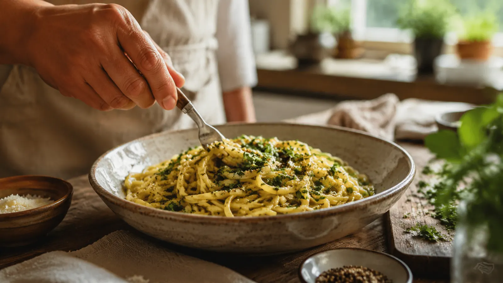 Bowl of pasta with garlic butter sauce and fresh herbs on a kitchen counter