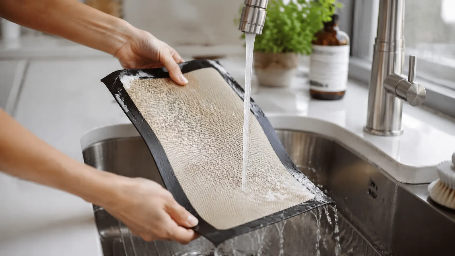 A silicone baking mat being rinsed clean under the kitchen faucet with soapy water