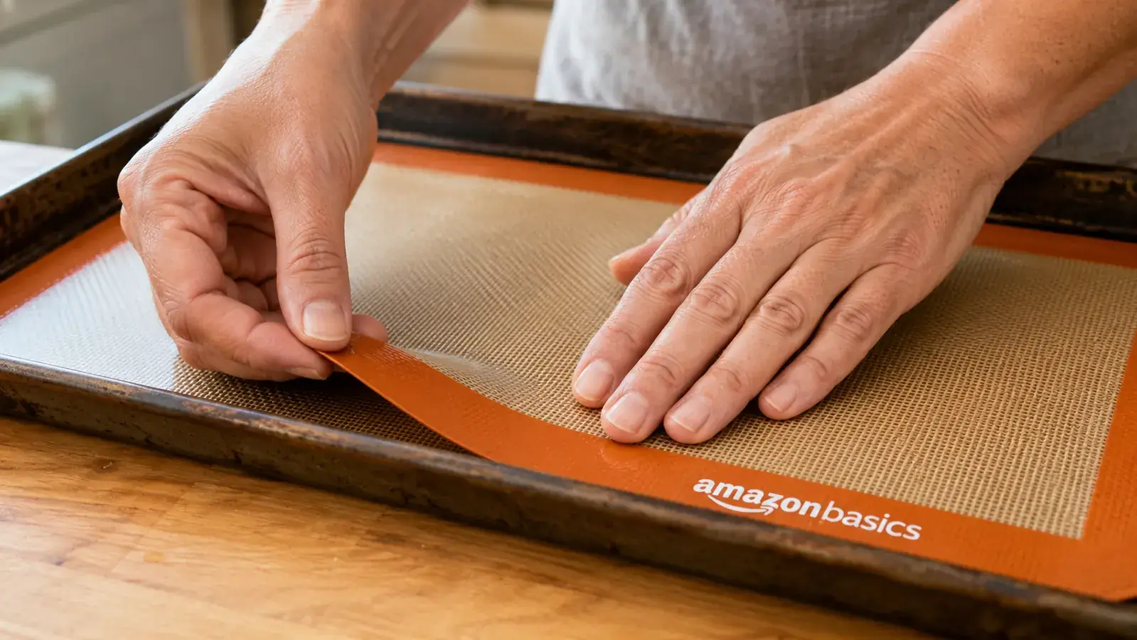 Hand pressing the corner of a silicone baking mat flat onto a dark sheet pan to show the grip