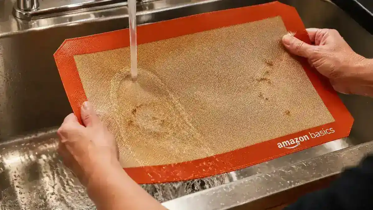 Silicone baking mat being rinsed under warm running water in a kitchen sink