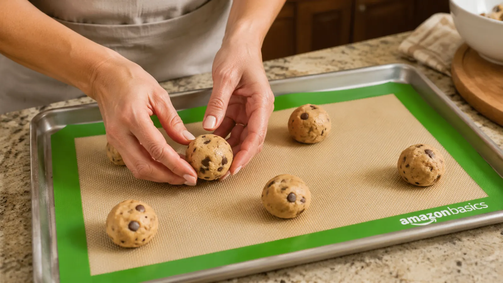 Hands pressing a ball of chocolate chip cookie dough onto a silicone baking mat already holding a row of dough balls spaced apart