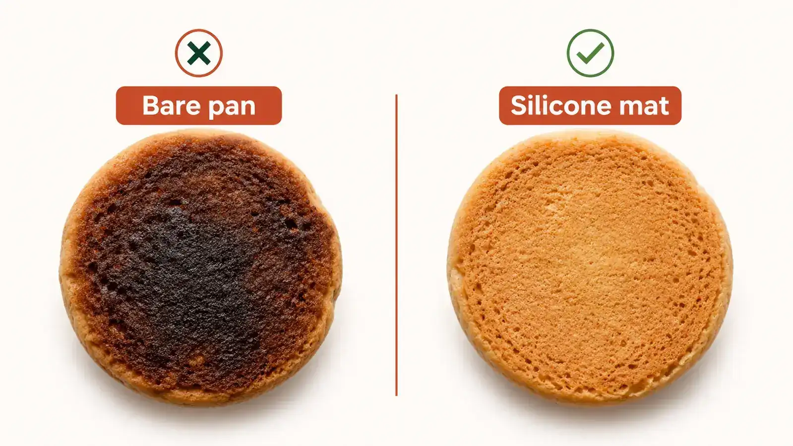 Side-by-side comparison of a scorched cookie bottom from a bare metal pan versus a perfectly golden cookie bottom from a silicone mat