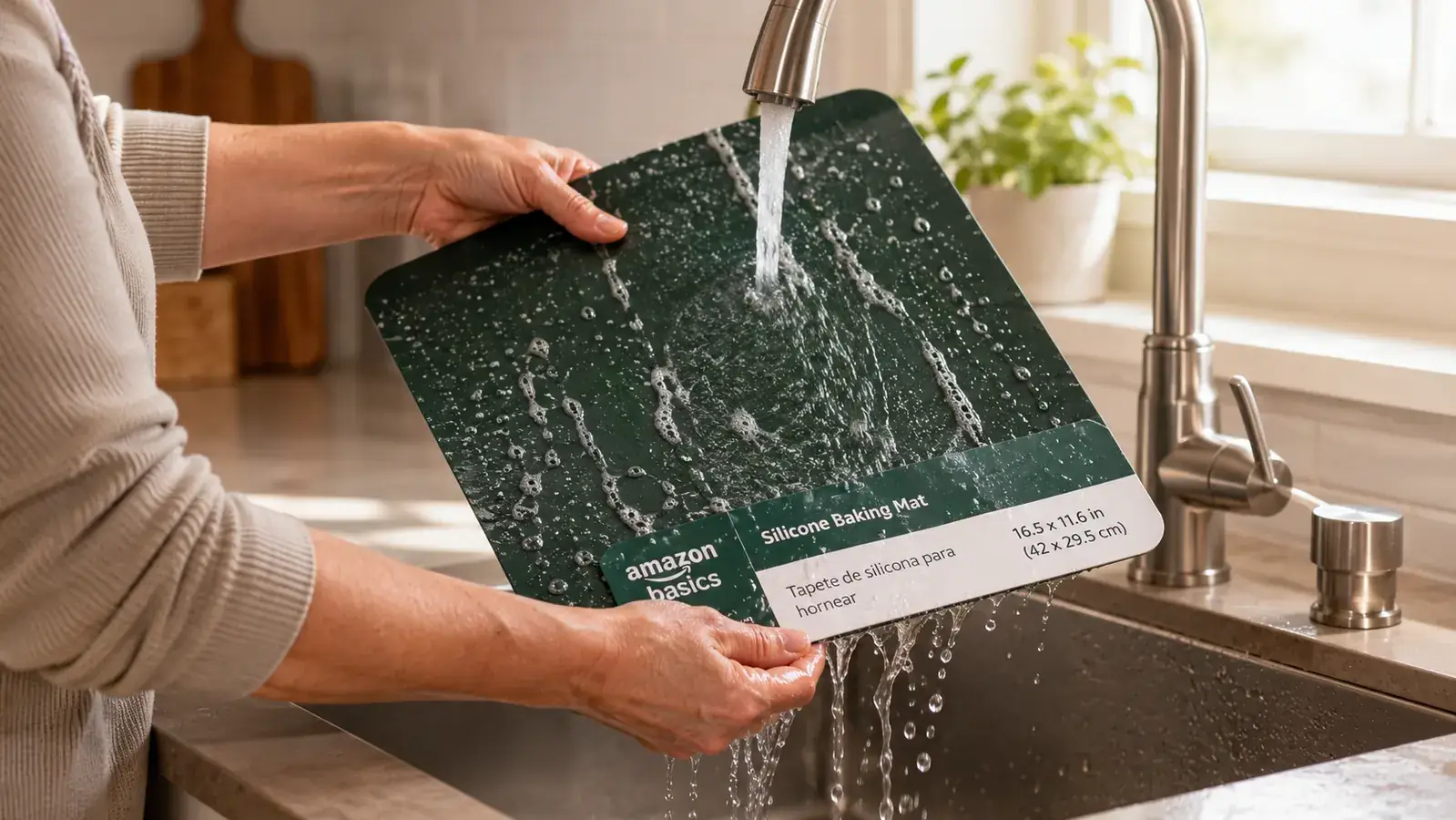 Silicone baking mat being rinsed under a kitchen faucet with soapy water beading off the surface