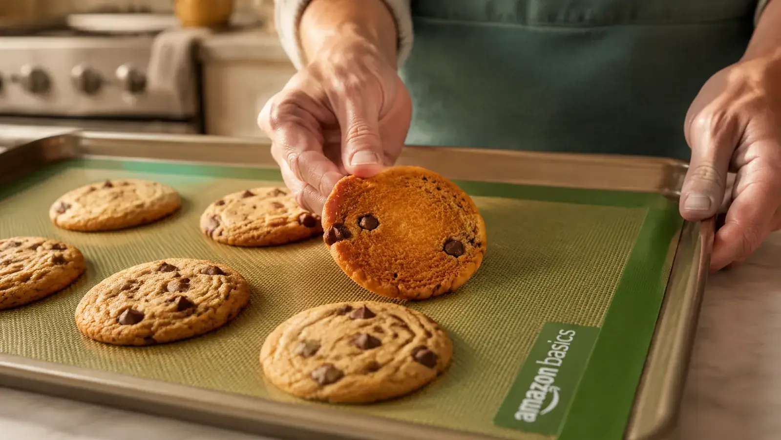 Freshly baked chocolate chip cookies on a silicone baking mat in a sheet pan, golden brown bottoms visible