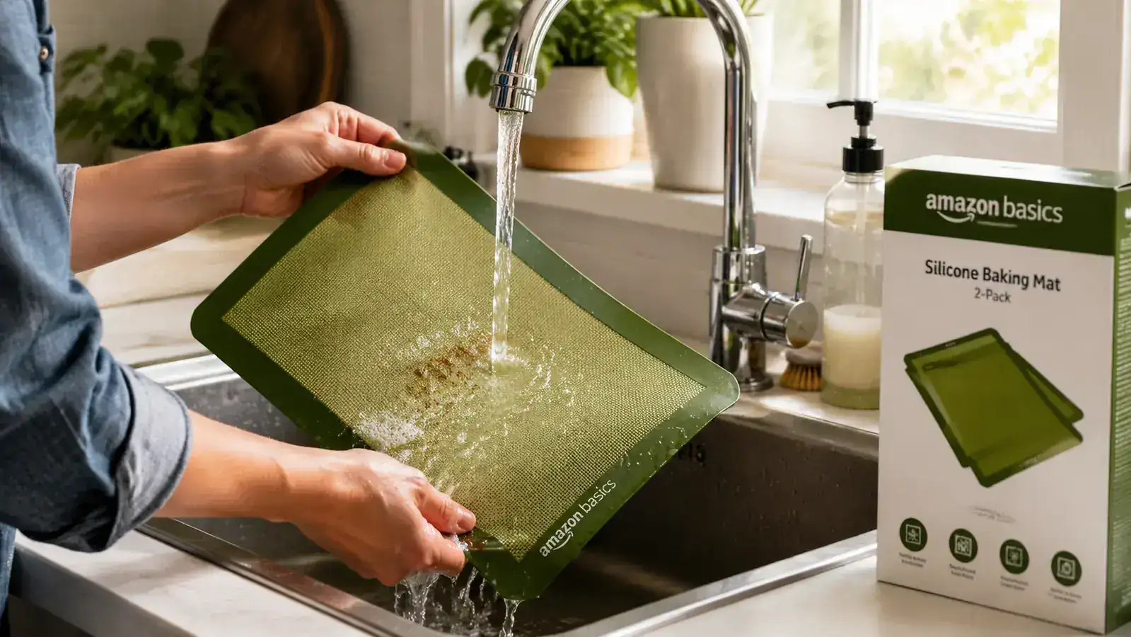 Person rinsing a silicone baking mat under the kitchen faucet with soapy water