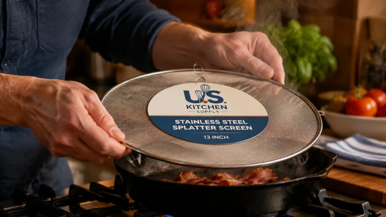 Hand placing a round stainless steel splatter screen over a sizzling skillet on a gas range