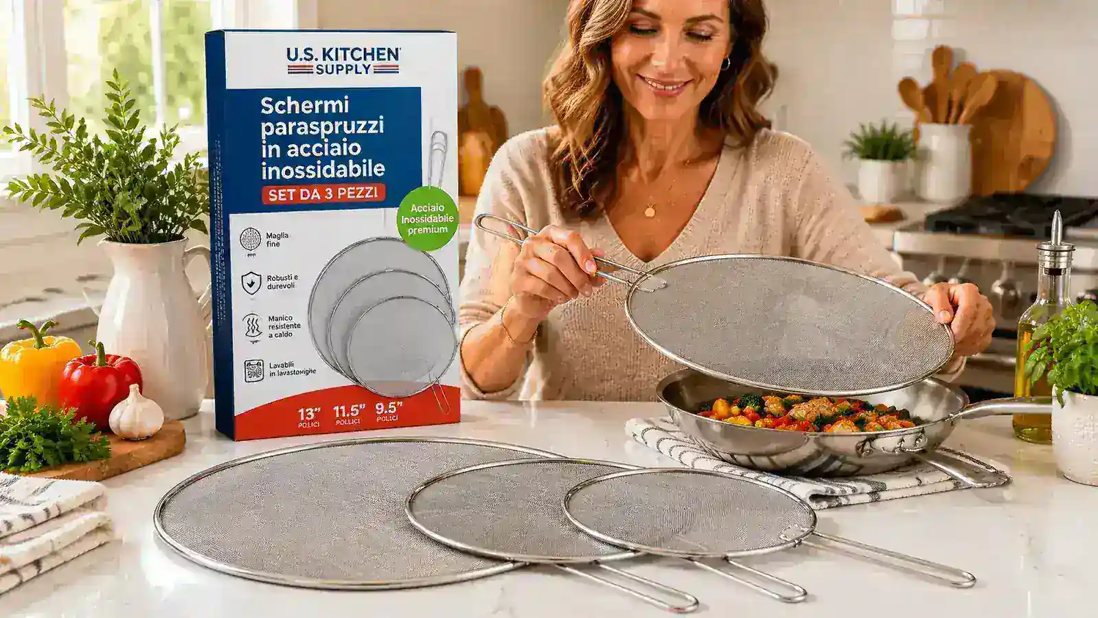 Three stainless steel splatter screens of different sizes laid out on a kitchen counter