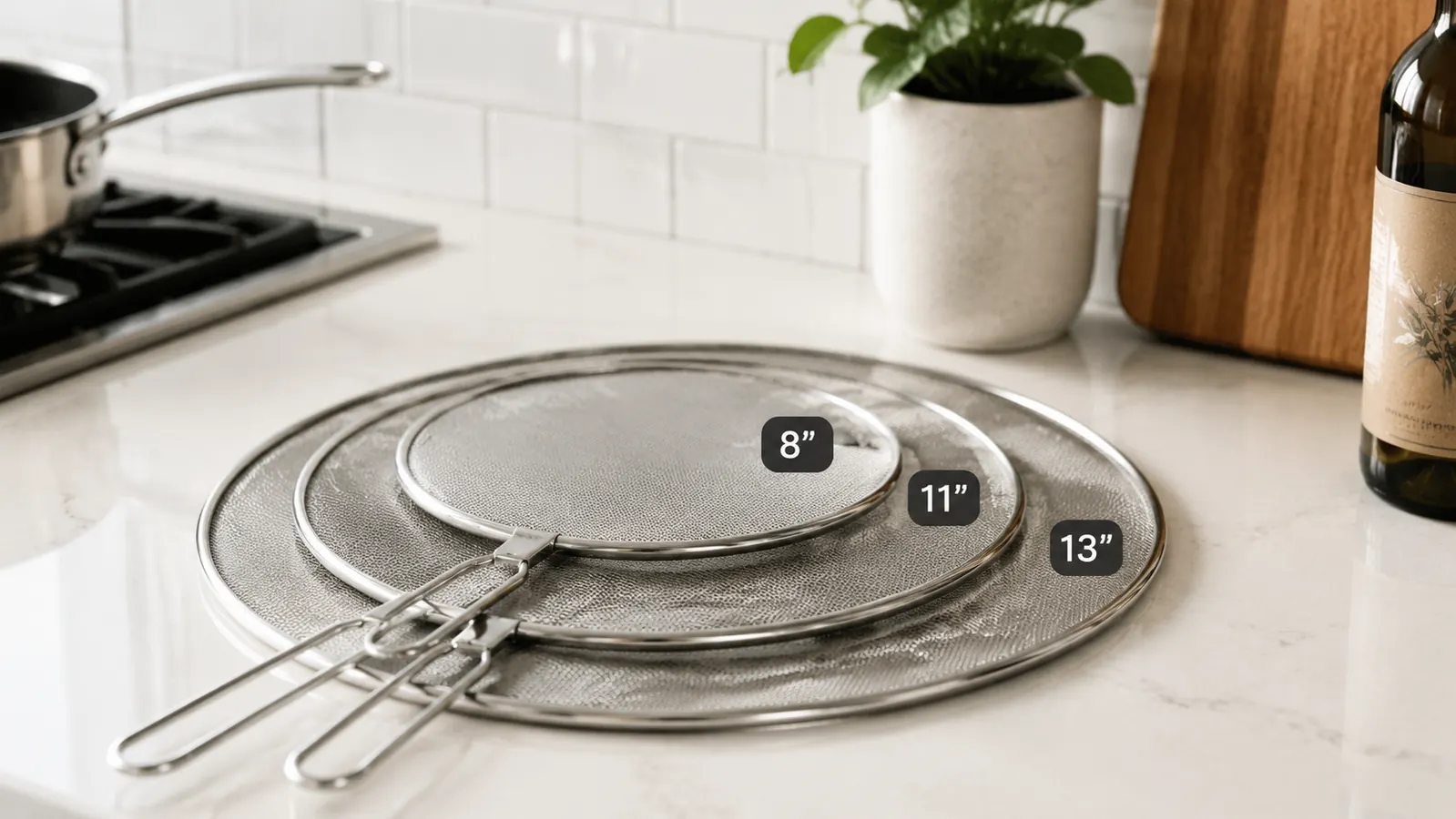 Close-up comparison of three splatter screen sizes: 13-inch, 11.5-inch, and 9.5-inch stacked
