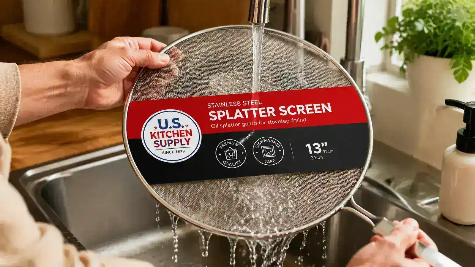 Splatter screen being rinsed under running tap water in a kitchen sink after cooking